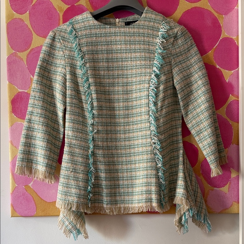 Fringed Tweed Long-Sleeve Top in Teal & Cream
